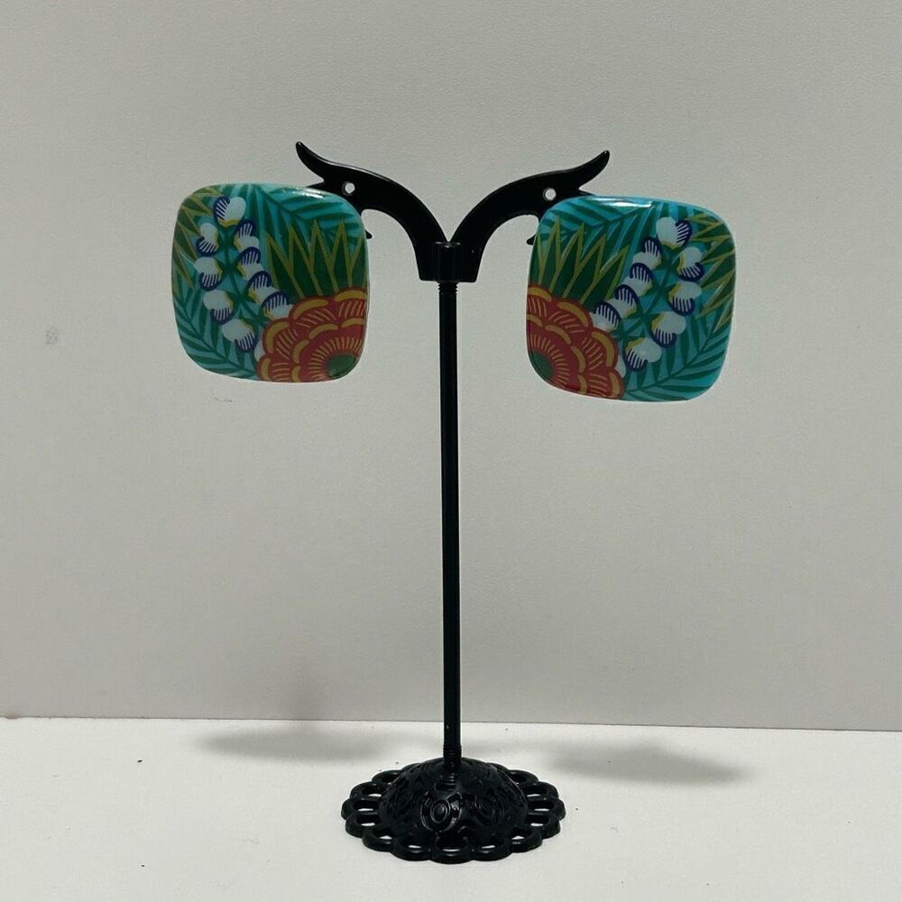 Vtg Avon Stud Earrings Women's Large Teal Orange Square Tropical Beauty Pierced